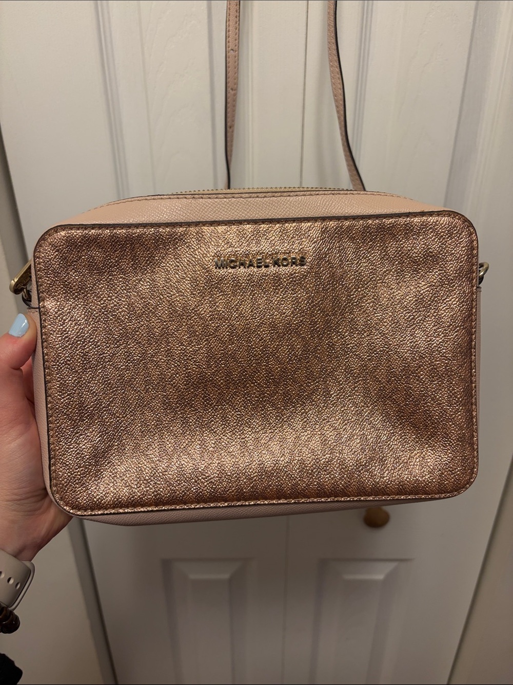 Michael Kors Metallic Rose Gold Camera Crossbody